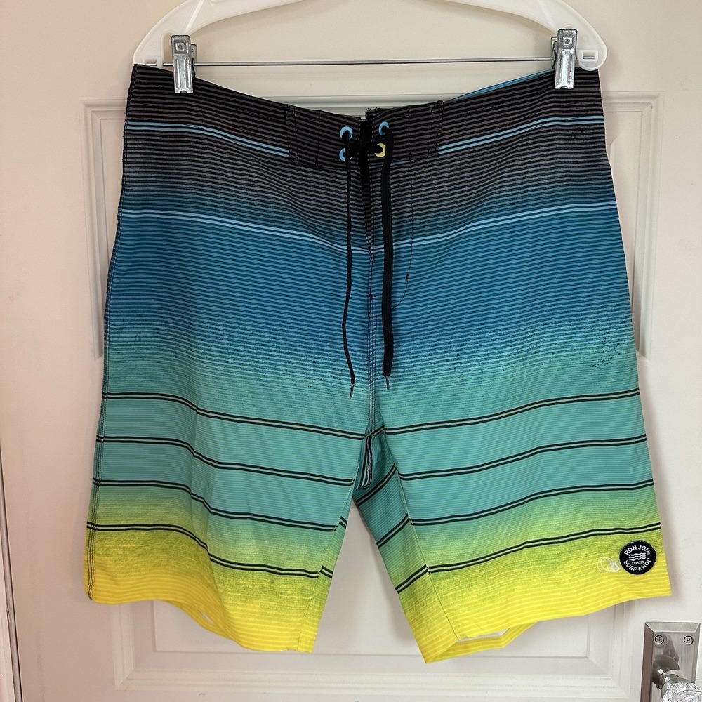Ron Jon Board Shorts Mens 32 Blue Yellow Stretch Swim Trunks Beach Surf